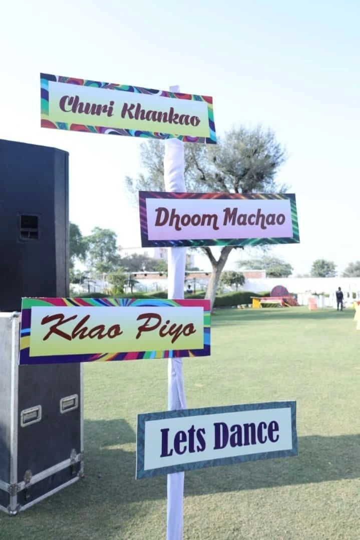 Colourful celebration signs for dance, food and wedding festivities
