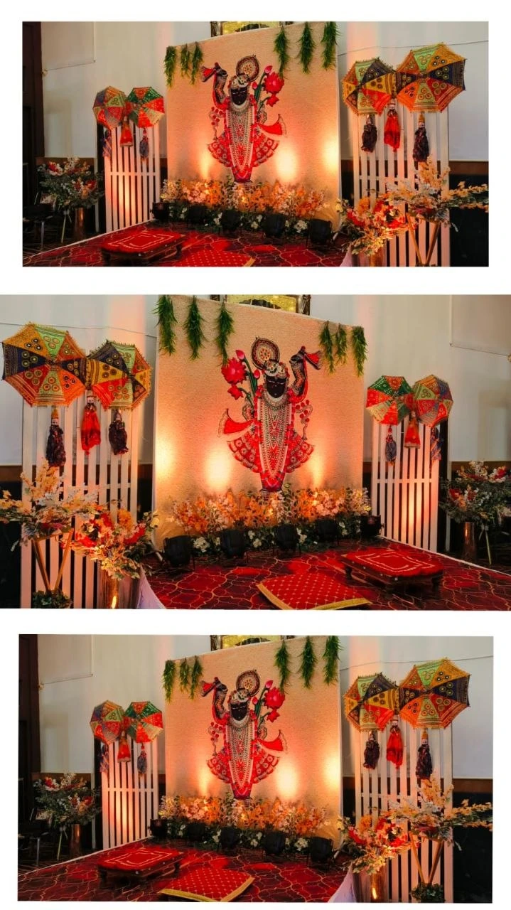 Three views of traditional event decor with illustrated backdrop and decorative umbrellas